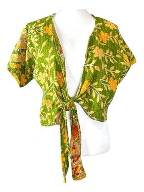 WEVEZ Kantha Patchwork Cardigan/Tie Front Wrap Top/Boho Summer Coverup, Size OS.